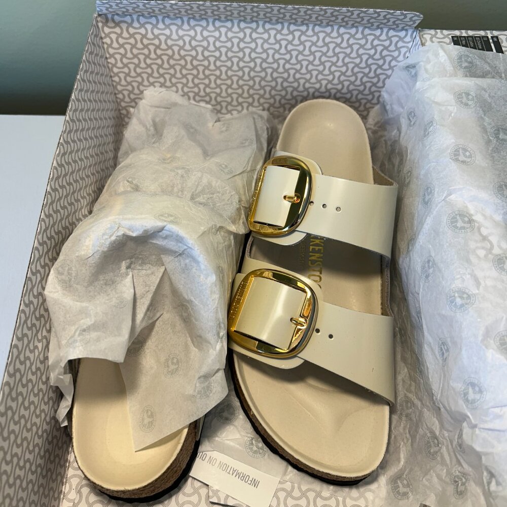 Birkenstock Arizona Big Buckle Natural Leather Patent Sandals - Picture 14 of 15